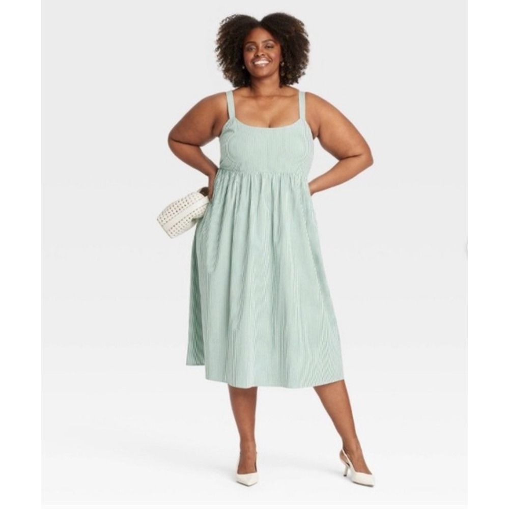 NWT‎ AVA & Viv Green Stripe Midi Dress Smocked Sleeveless Sundress Flowy Sz 1X